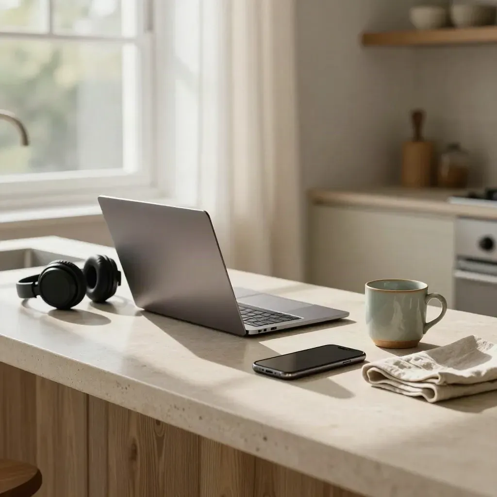 Geschlossene Laptop- und Headphone-Session auf heller Küchenplatte am Fenster
