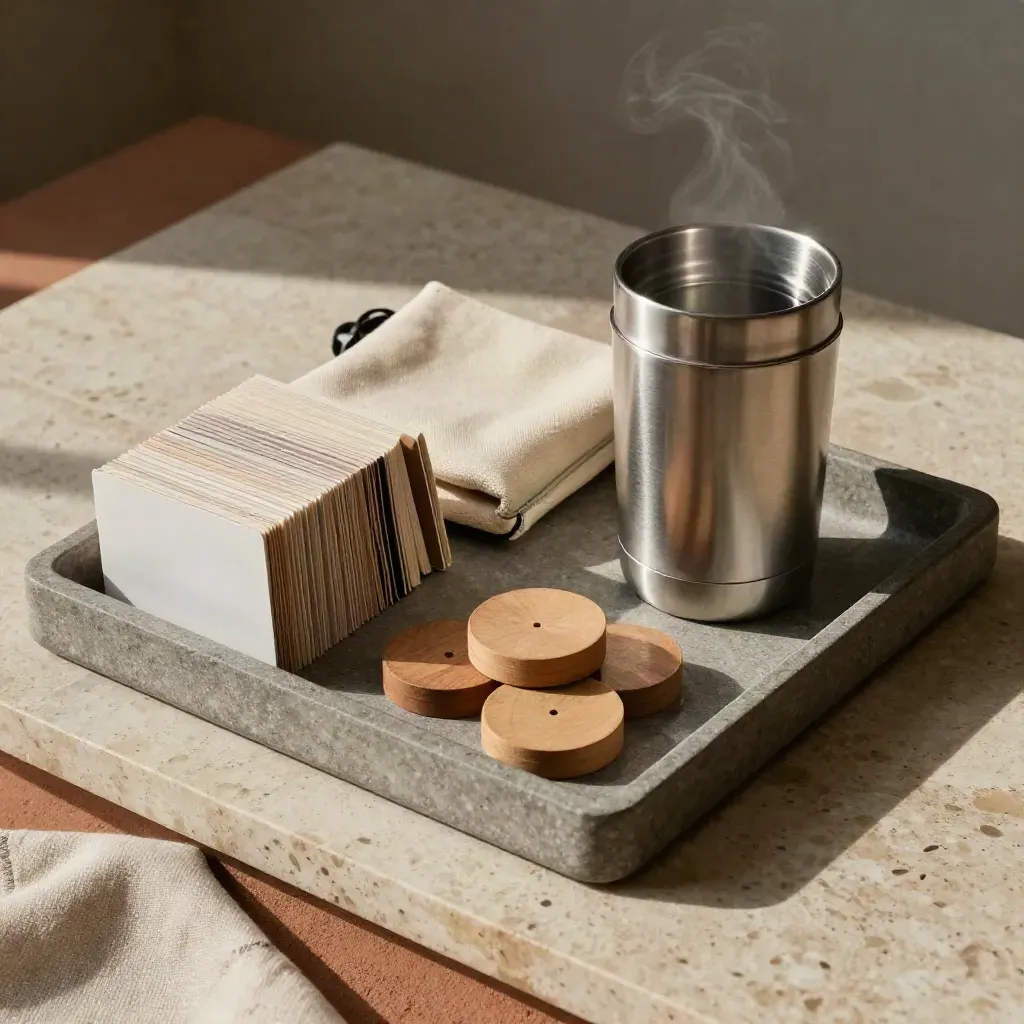 Workshop-Kit mit Karten, Holztokens, Thermobecher und Canvas-Tasche auf hellem Stein.
