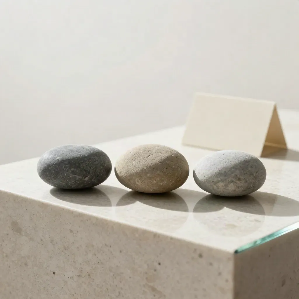 Drei Steine unter einer Glasbeschwerung auf hellem Stein, sanftes Licht, ruhige Coaching-Stillleben.