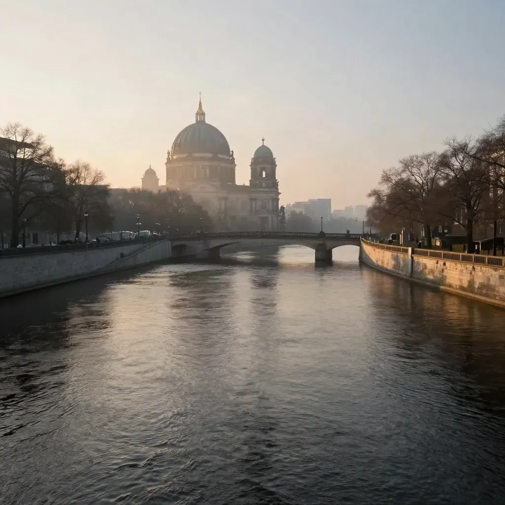 Morgenlicht über der Spree mit Museum Island und sanftem Nebel in Berlin
